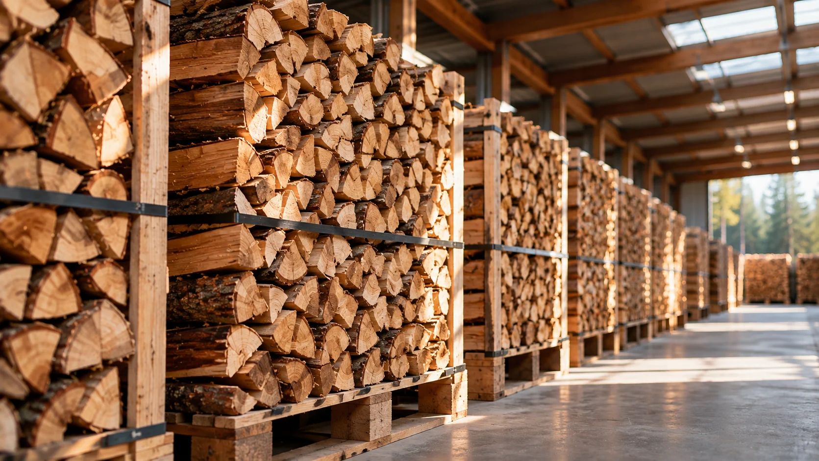 Bois de chauffage sur palettes au dépôt de CRBOIS DISTRIBUTION